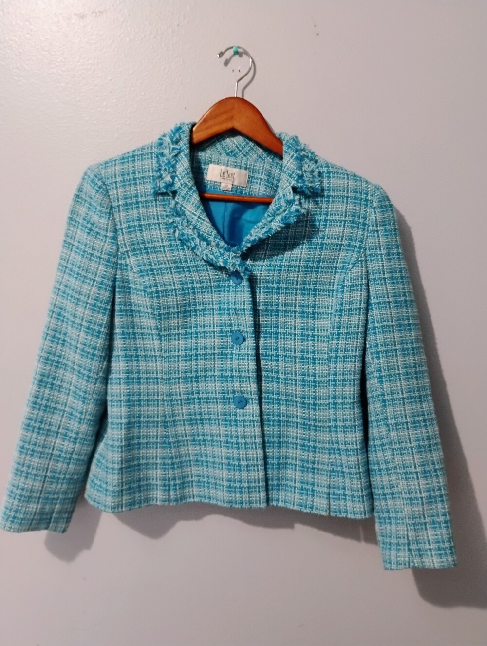 Le Suit Aqua Blue Tweed Cropped Fringe Collar Jacket